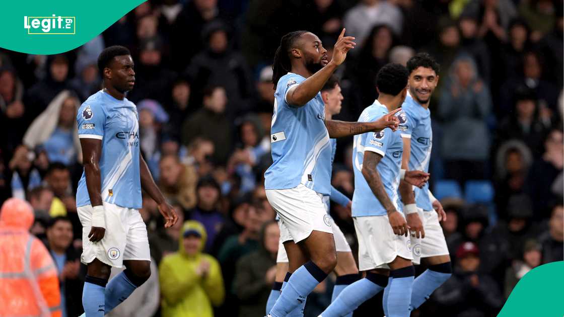 Antoine Semenyo and Manchester City celebrate scoring their first goal against Crystal Palace. Photo: Naomi Baker.