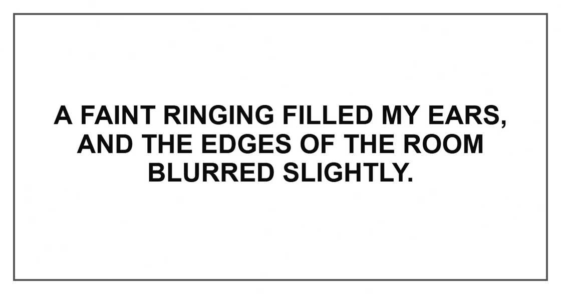 A faint ringing filled my ears, and the edges of the room blurred slightly. A faint ringing filled my ears, and the edges of the room blurred slightly.