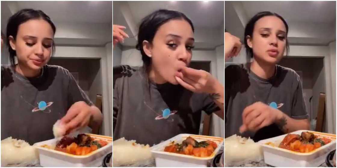 Nigerian man causes stir on social media after joking about marrying oyinbo lady for eating fufu with bare hand, video goes viral Nigerian man causes stir on social media after joking about marrying oyinbo lady for eating fufu with bare hand, video goes viral