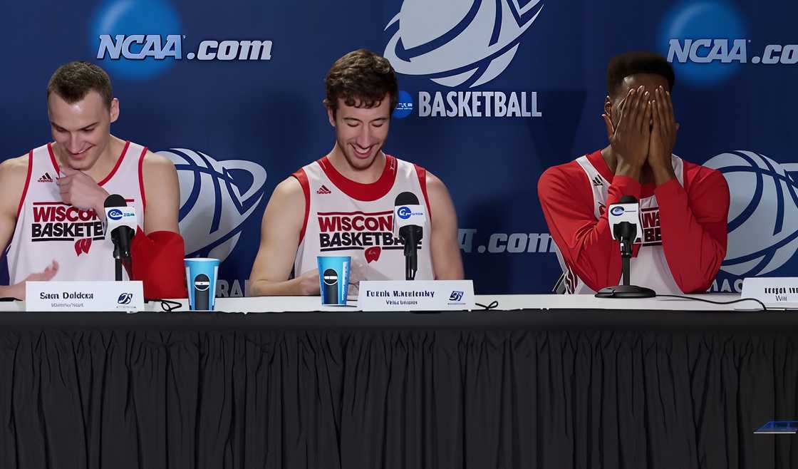 Wisconsin Badgers basketball players Nigel Hayes, Frank Kaminsky, and Sam Dekker react during a conference. Wisconsin Badgers basketball players Nigel Hayes, Frank Kaminsky, and Sam Dekker react during a conference.