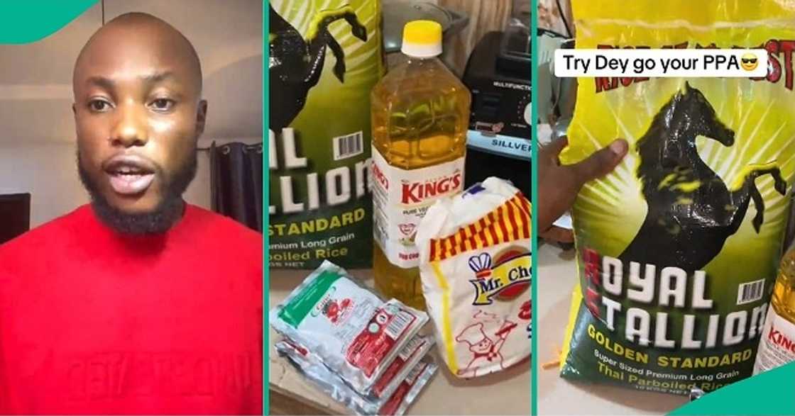 Corps member shows off bag of rice