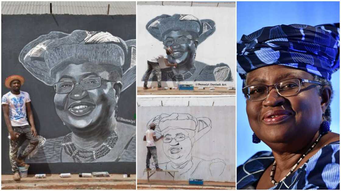 Young Nigerian man paints Okonjo Iweala with her ankara cloth on a big wall, photos of artwork go viral Young Nigerian man paints Okonjo Iweala with her ankara cloth on a big wall, photos of artwork go viral