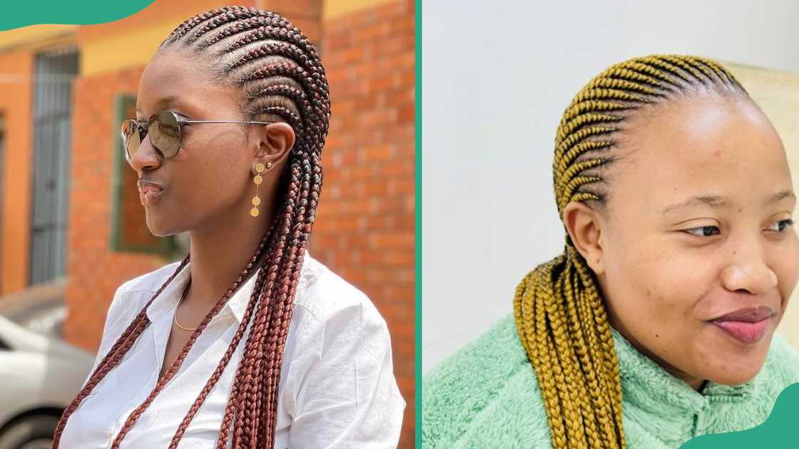 Colour-packed straight-back cornrows. Colour-packed straight-back cornrows.