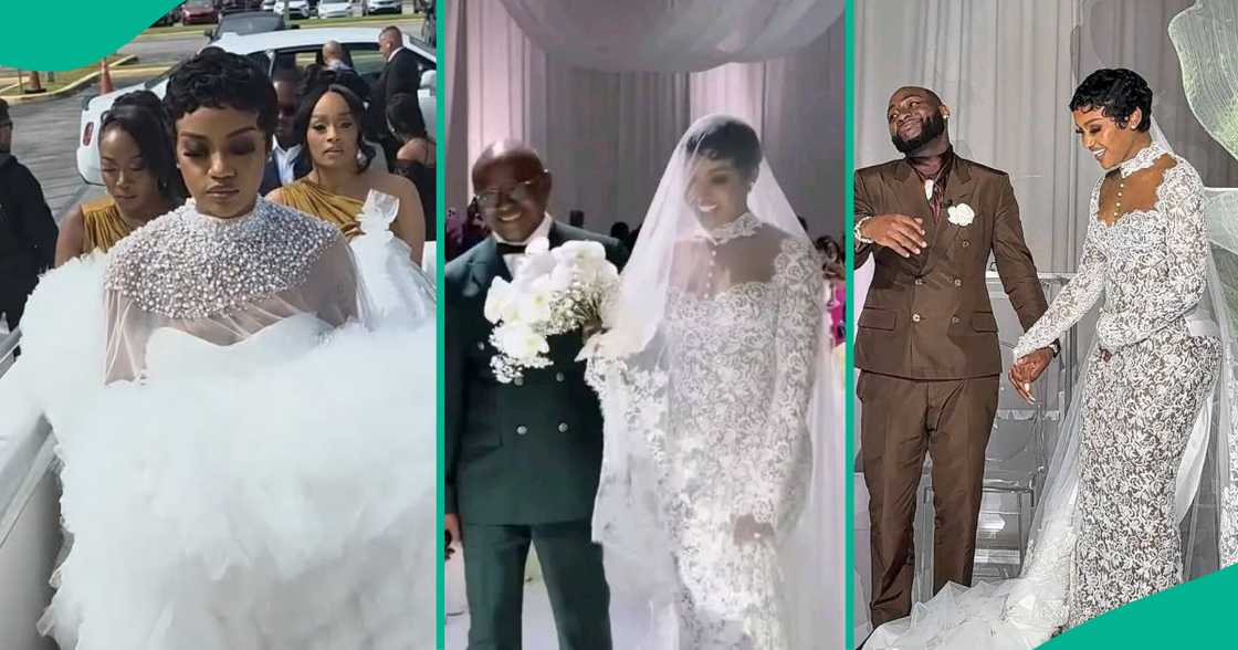 Chioma's uncle walks her down the aisle at her wedding with Davido in Miami. Chioma's uncle walks her down the aisle at her wedding with Davido in Miami.