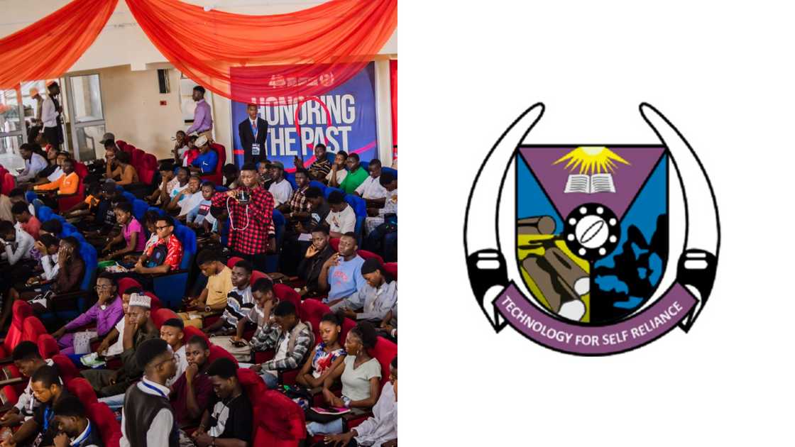 Federal University of Technology, Akure, students during a conference and the institution's logo Federal University of Technology, Akure, students during a conference and the institution's logo