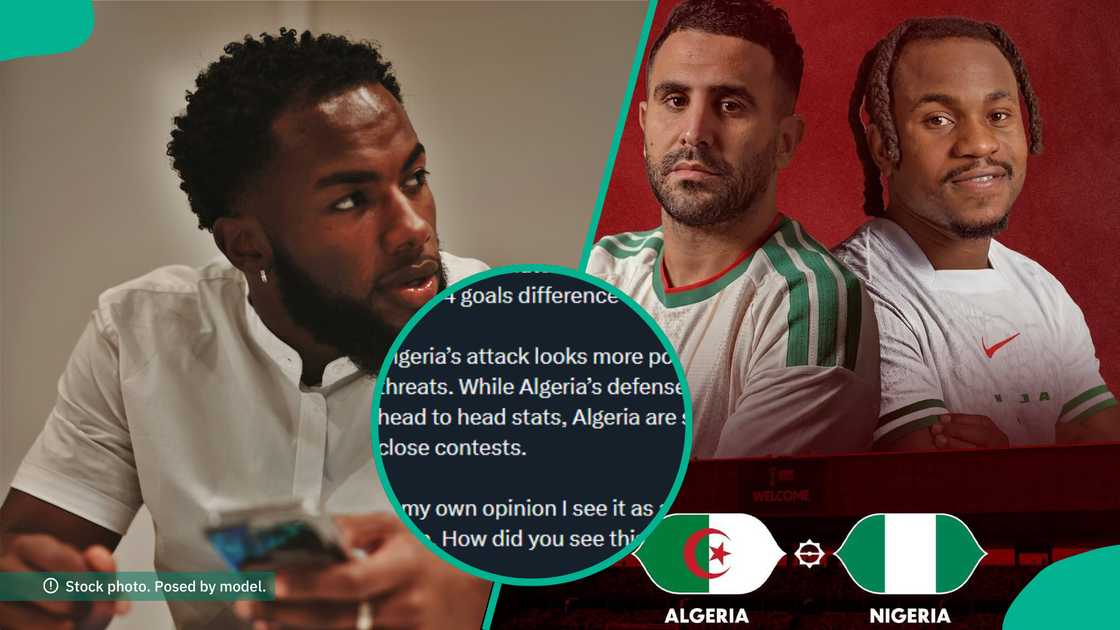 Ahead of the AFCON 2026 quarter-final at Marrakech Stadium, an X user shared his Nigeria vs Algeria prediction, analysing both teams, sparking fan reactions and debates over a possible draw or Algeria win. Ahead of the AFCON 2026 quarter-final at Marrakech Stadium, an X user shared his Nigeria vs Algeria prediction, analysing both teams, sparking fan reactions and debates over a possible draw or Algeria win.