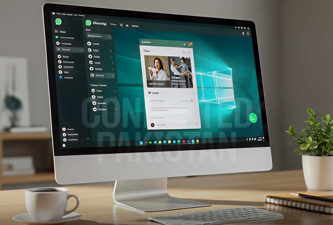 An Apple iMac computer on a desk, running the WhatsApp Web desktop application An Apple iMac computer on a desk, running the WhatsApp Web desktop application