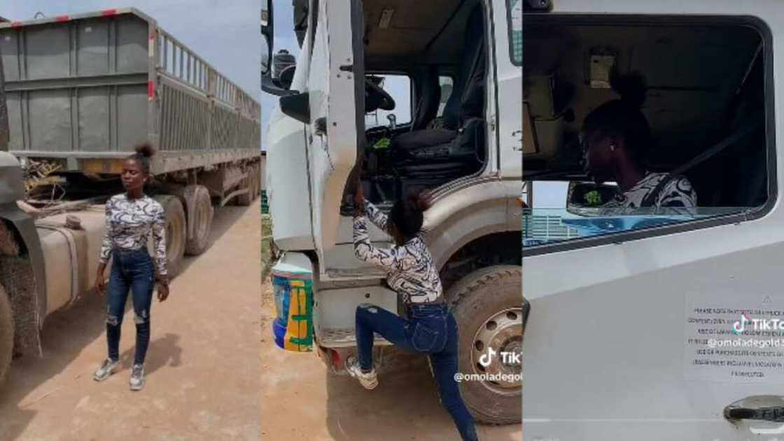 Young girl drives truck Young girl drives truck