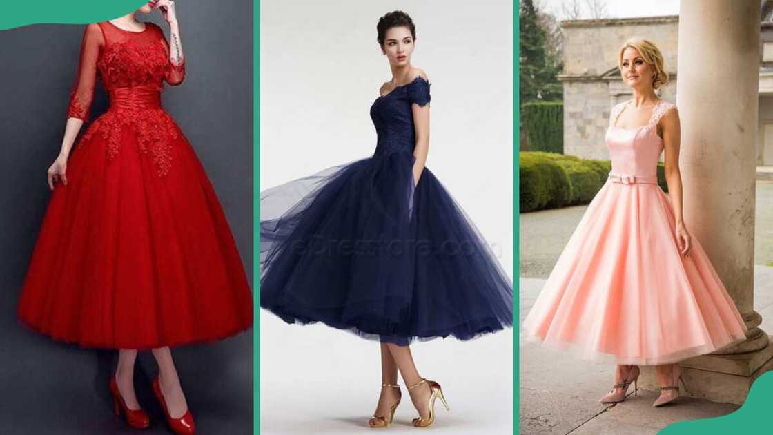 Red tea-length gown (L), navy blue tea length gown (C), and peach tea length gown (R) Red tea-length gown (L), navy blue tea length gown (C), and peach tea length gown (R)