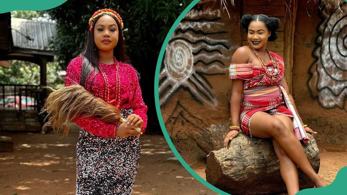 Mercy Kenneth is pictured outdoors in long (L) and short (R) Nigerian traditional outfits