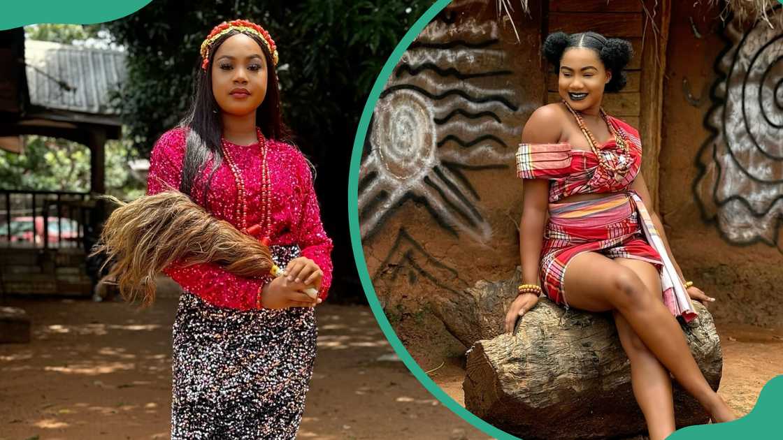 Mercy Kenneth is pictured outdoors in long (L) and short (R) Nigerian traditional outfits Mercy Kenneth is pictured outdoors in long (L) and short (R) Nigerian traditional outfits