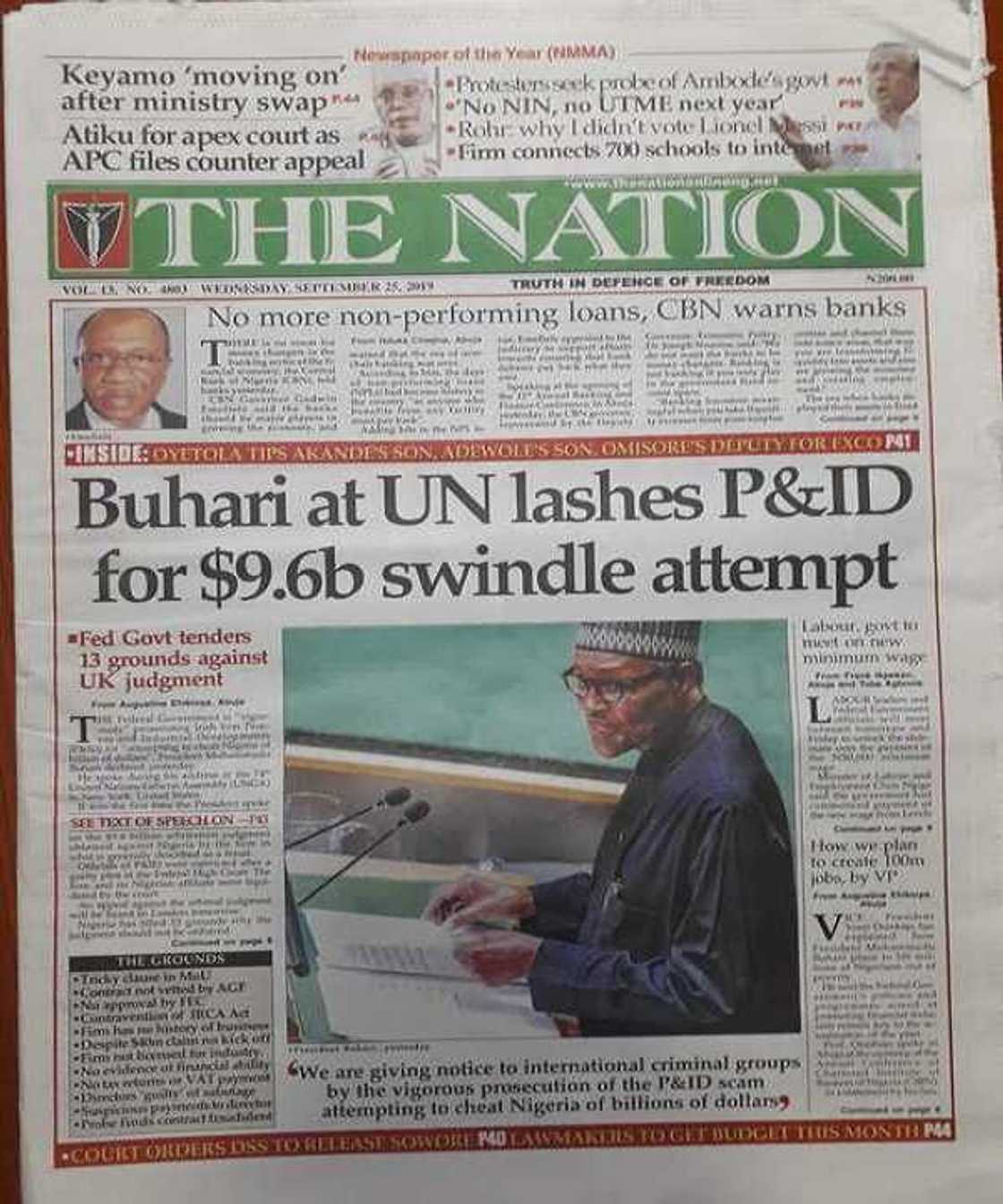 The Nation newspaper headlines for Wednesday, September 25