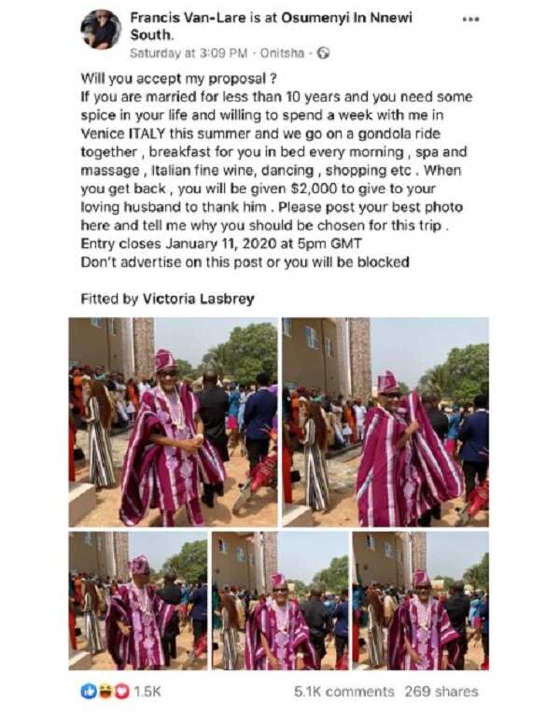 US-Based Nigerian man promises N720k to any man that will allow him spend a week in Italy with his wife US-Based Nigerian man promises N720k to any man that will allow him spend a week in Italy with his wife