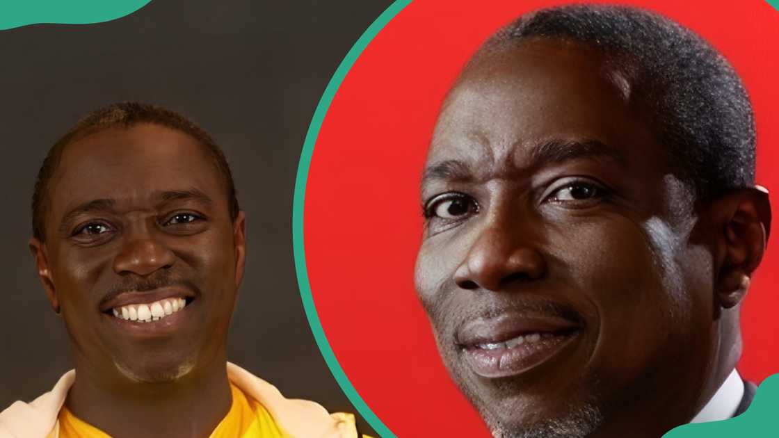 Asue Ighodalo smilling (L) and on a campaign poster (R)