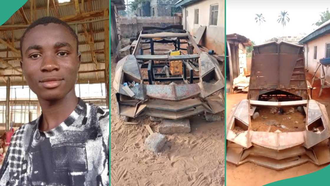 Boy constructing his own 'Lamborghini' car.