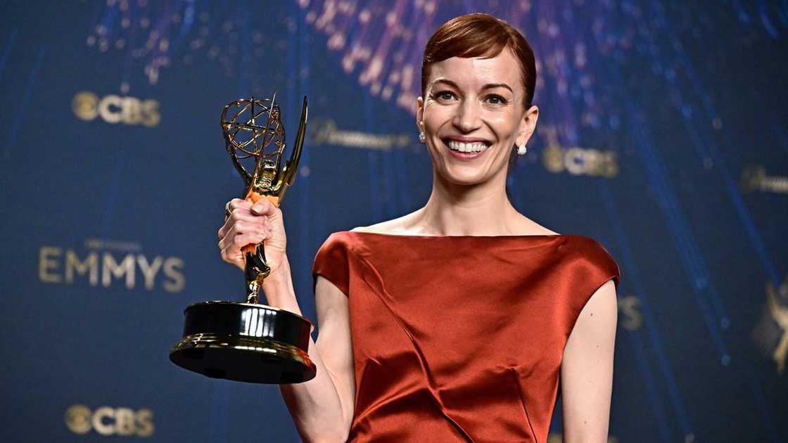 Britt Lower poses with the Lead Actress in a Drama Series award for "Severance" Britt Lower poses with the Lead Actress in a Drama Series award for "Severance"