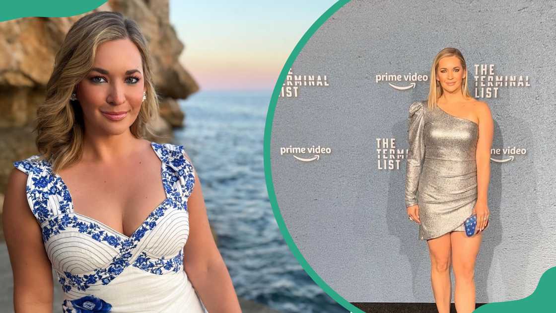 Katie Pavlich poses in a blue and white dress and a shirt silver gown Katie Pavlich poses in a blue and white dress and a shirt silver gown