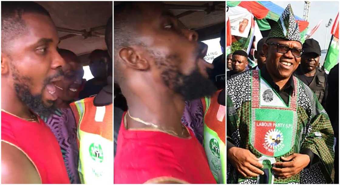 Photos of a man singing and Peter Obi. Photos of a man singing and Peter Obi.