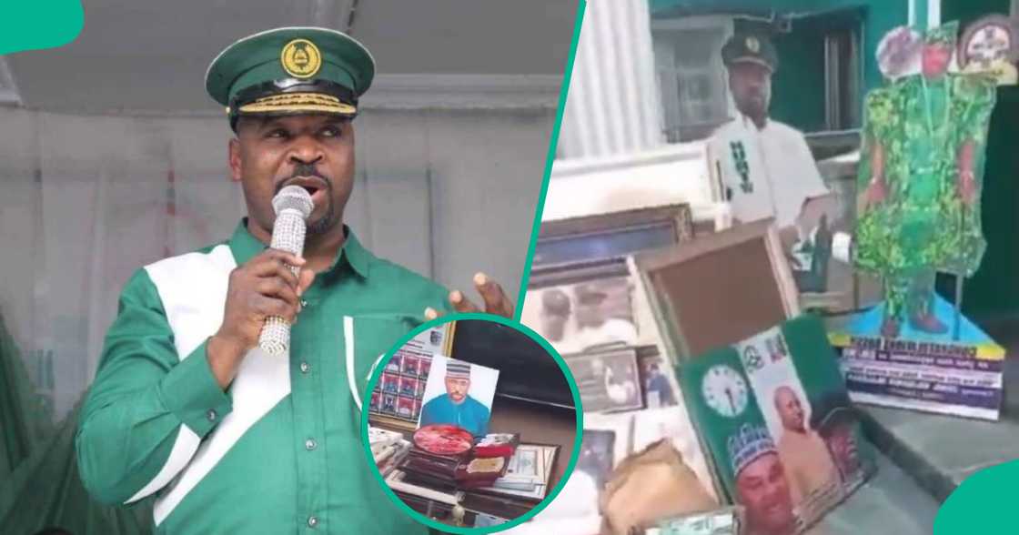 MC Oluomo's portraits seen in video.