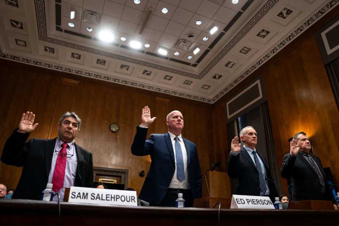 Whistleblowers take an oath before testifying to a US Senate committee investigating Boeing safety practices, on April 17, 2024 Whistleblowers take an oath before testifying to a US Senate committee investigating Boeing safety practices, on April 17, 2024