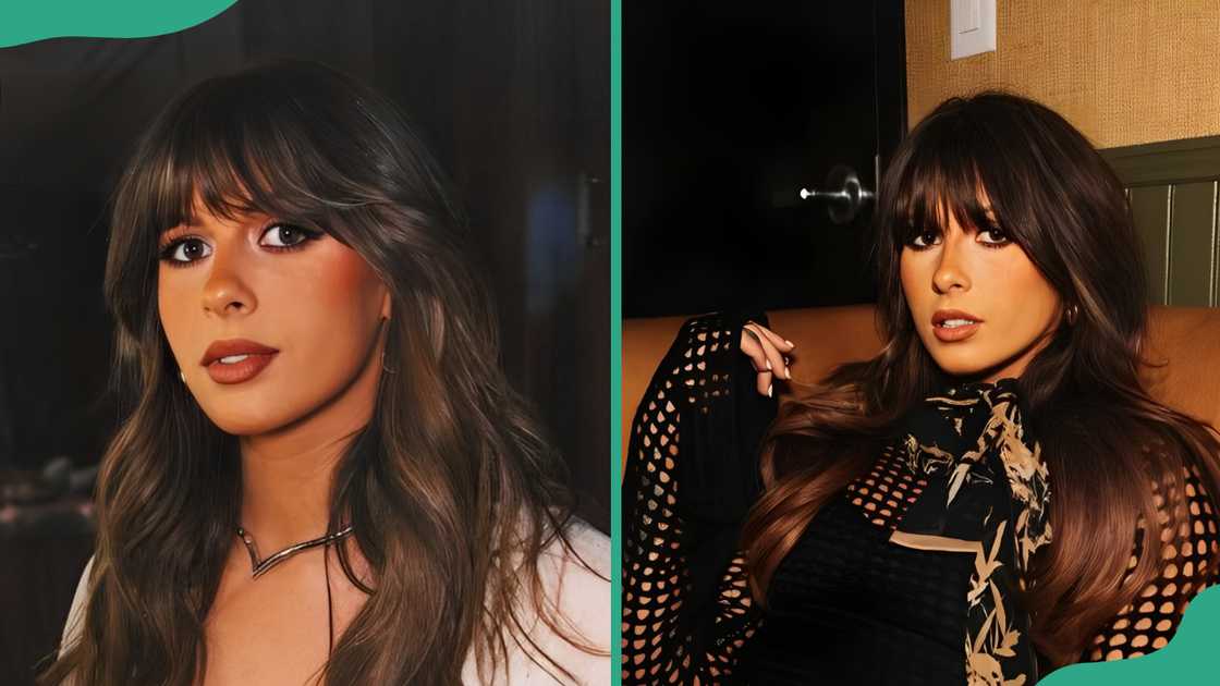 Ella Langley poses in a white top (L). The country singer seated on a brown leather couch on 11 October 2024 (R) Ella Langley poses in a white top (L). The country singer seated on a brown leather couch on 11 October 2024 (R)