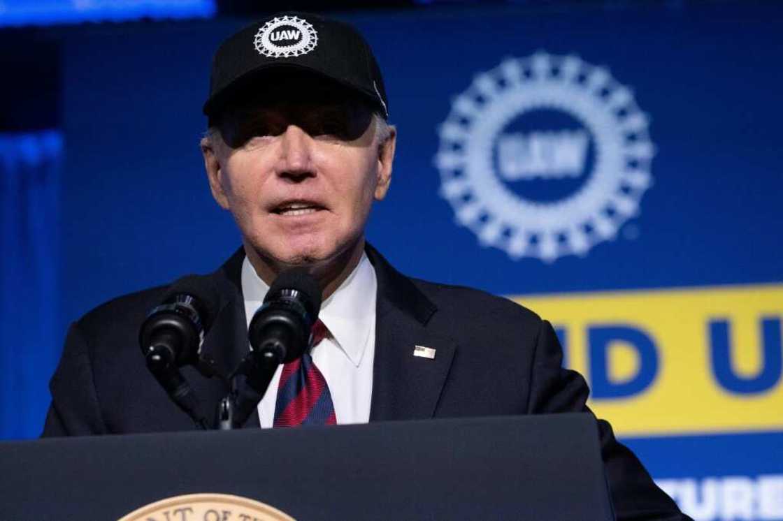 US President Joe Biden speaks at the United Auto Workers political convention in Washington, DC