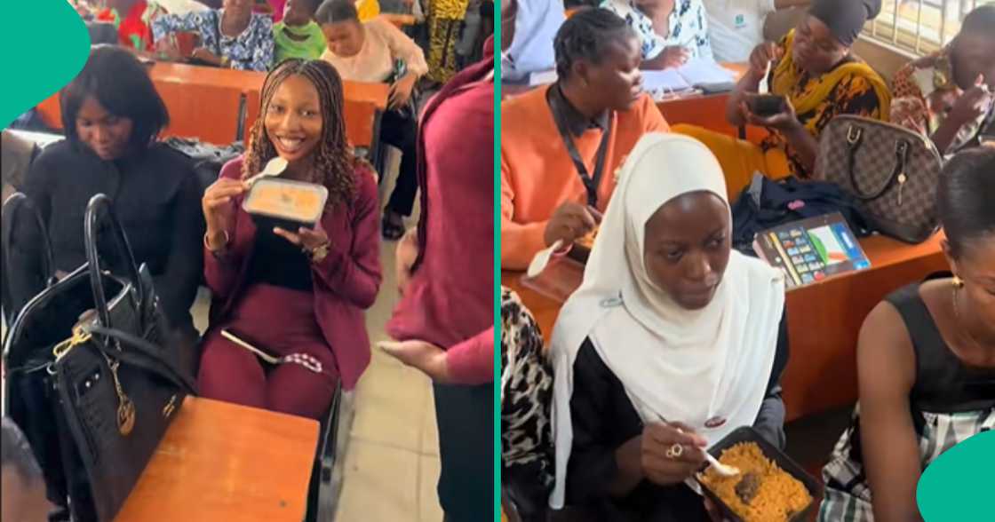 Students share excitement as a female lecturer at Yaba College of Technology (YABATECH) gives them food in class.