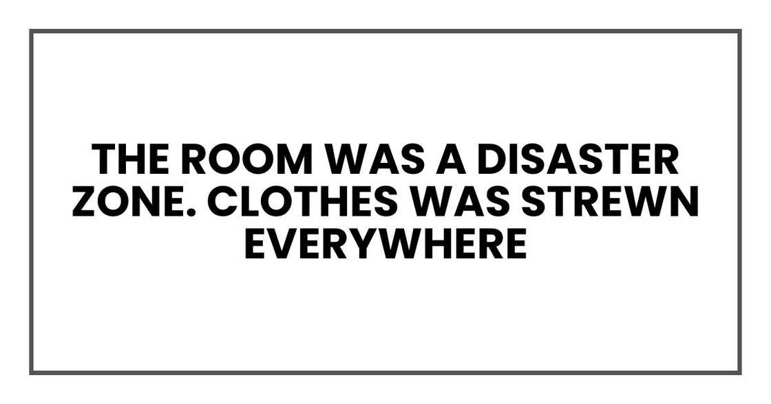 The room was a disaster zone. Clothes was strewn everywhere The room was a disaster zone. Clothes was strewn everywhere