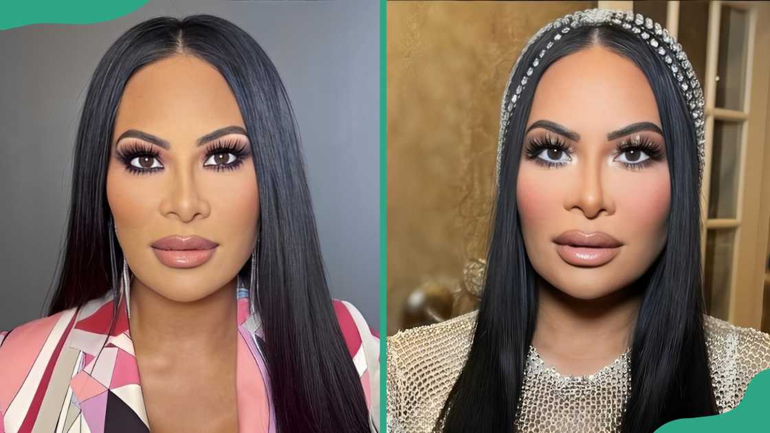 Jen Shah in a patterned shirt (L) and in a silver dress and a head piece (R) Jen Shah in a patterned shirt (L) and in a silver dress and a head piece (R)