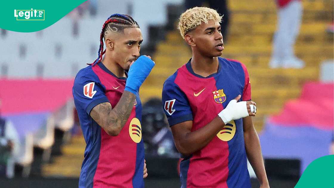 Raphinha, Lamine Yamal, Barcelona, Estadii Olimpic Lluis Companys, Spain, La Liga. Raphinha, Lamine Yamal, Barcelona, Estadii Olimpic Lluis Companys, Spain, La Liga.