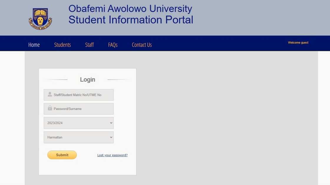 A screenshot of the Obafemi Awolowo University e-portal home page.