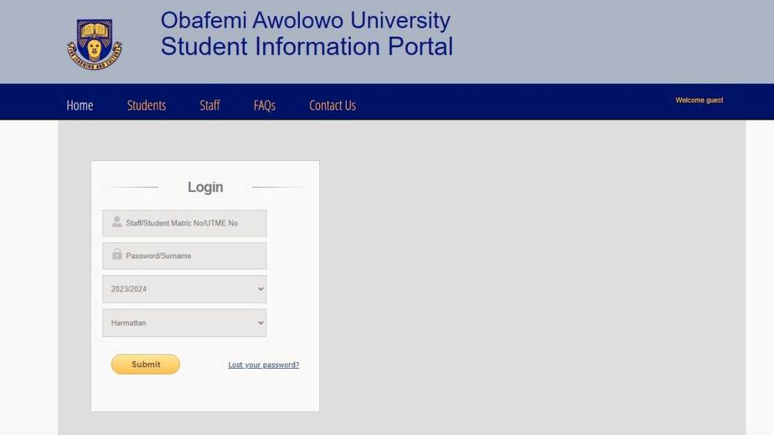 A screenshot of the Obafemi Awolowo University e-portal home page. A screenshot of the Obafemi Awolowo University e-portal home page.