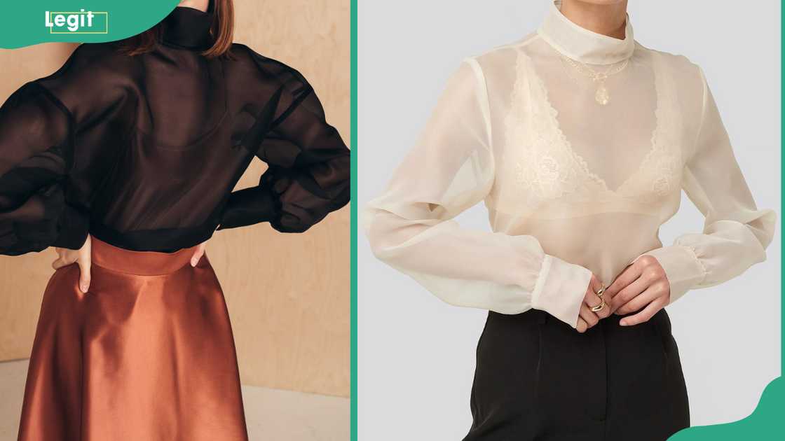 A black and white turtle neck organza tops A black and white turtle neck organza tops