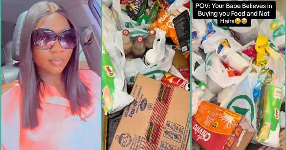 Lady displays expensive food items from boyfriend