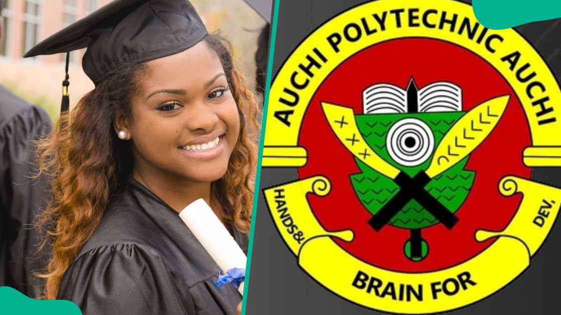 A student smiles during her graduation (L). Auchi Poly logo (R).