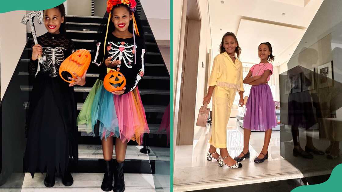 Olga Diyachenko's kids, Ava and Mia, celebrate Halloween (L). The twin kids pose for a photo together (R) Olga Diyachenko's kids, Ava and Mia, celebrate Halloween (L). The twin kids pose for a photo together (R)