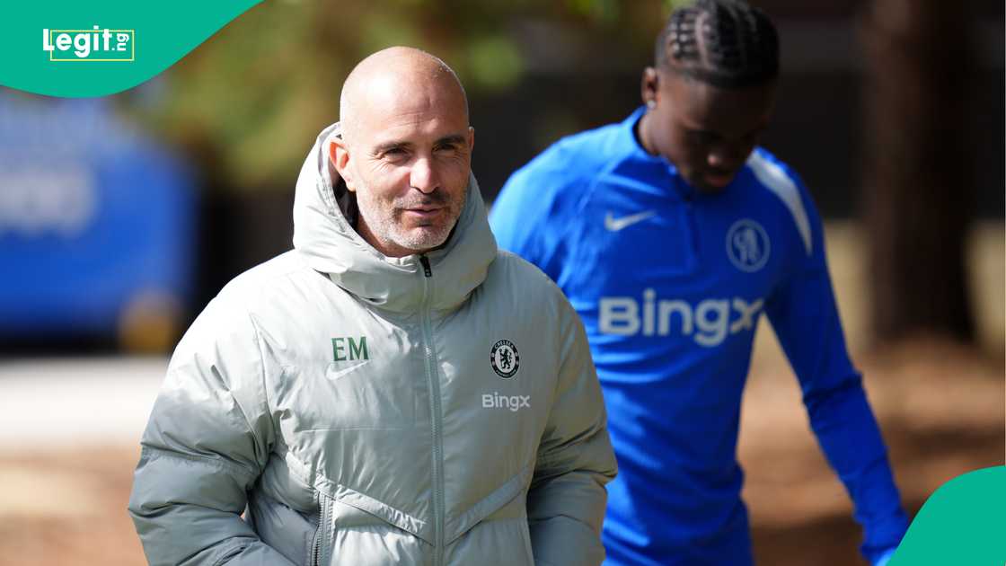 Enzo Maresca, Tyrique George, Cobham, London, Chelsea, England. Enzo Maresca, Tyrique George, Cobham, London, Chelsea, England.