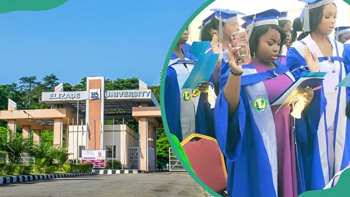 Elizade University main entrance (L). Grandaunts in their graduation attire (R)