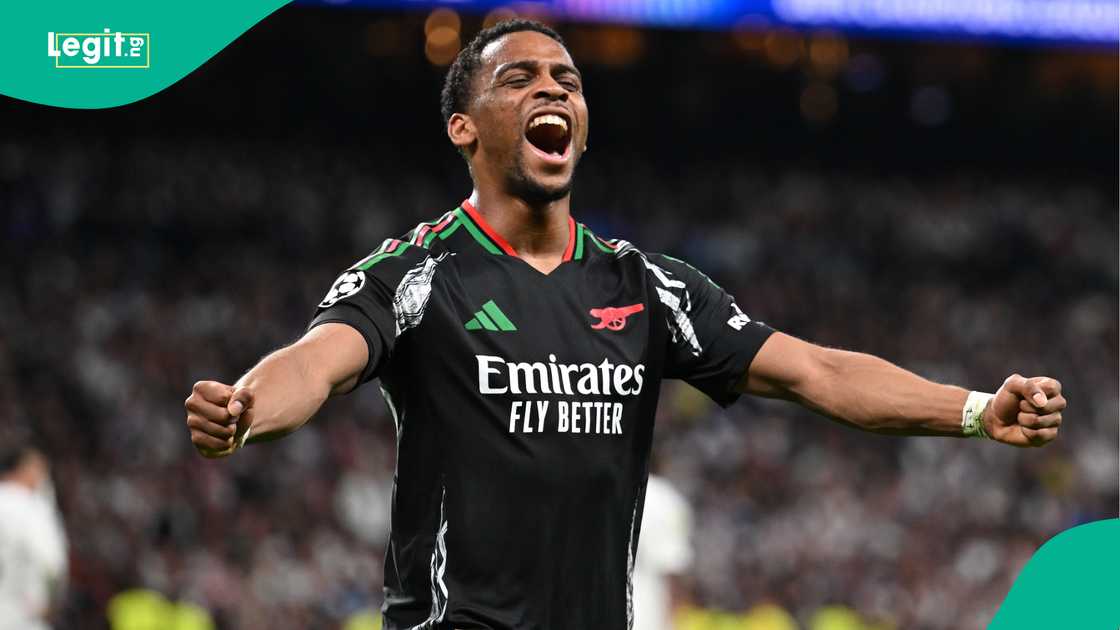 Jurrien Timber, Arsenal, Real Madrid, Santiago Bernabeu, Madrid, Spain, UEFA Champions League Jurrien Timber, Arsenal, Real Madrid, Santiago Bernabeu, Madrid, Spain, UEFA Champions League