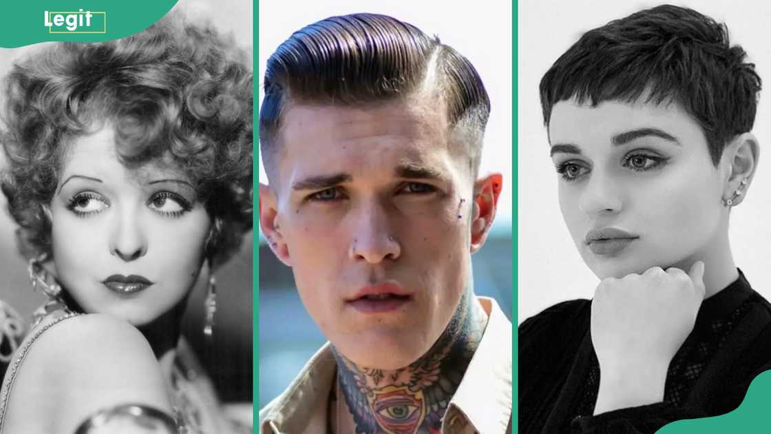 Curly Bob (L), side parted slicked-back (C) and pixie cut (R) hairstyles Curly Bob (L), side parted slicked-back (C) and pixie cut (R) hairstyles