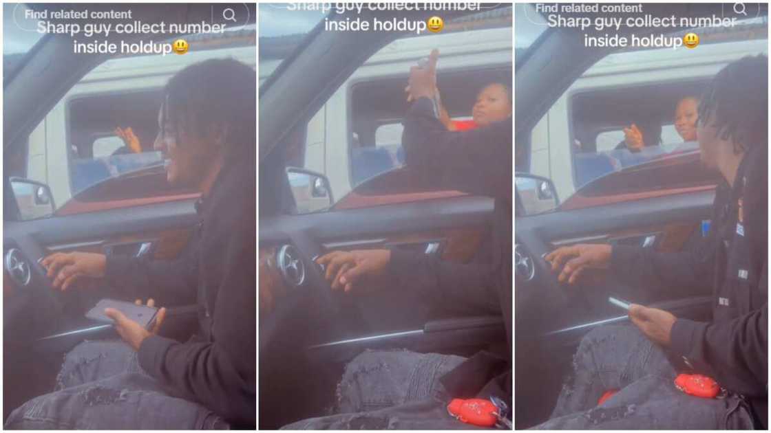 Man and lady inside traffic/Man smiled in Benz. Man and lady inside traffic/Man smiled in Benz.