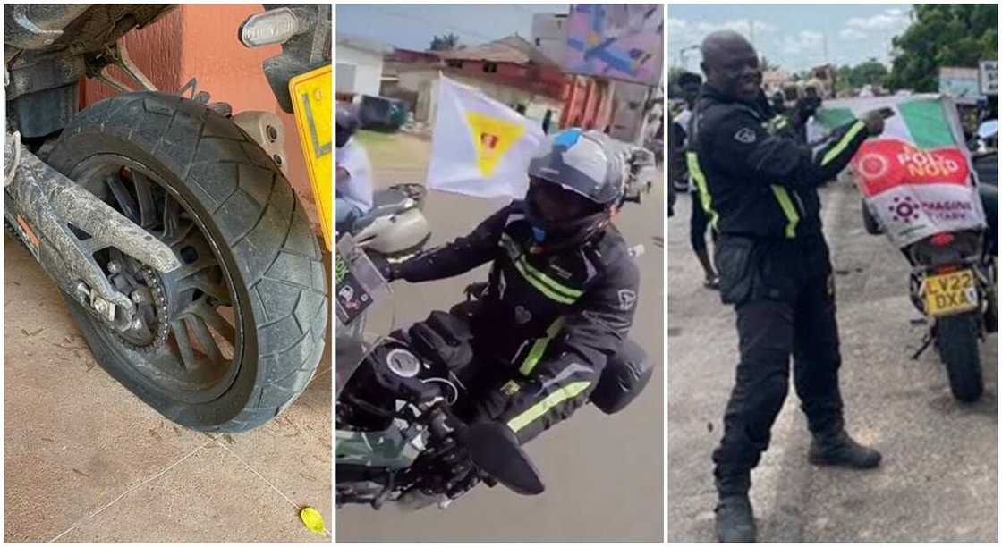 London to Lagos biker, Kunle Adeyanju laments a punctured tyre in Lome, Togo. London to Lagos biker, Kunle Adeyanju laments a punctured tyre in Lome, Togo.