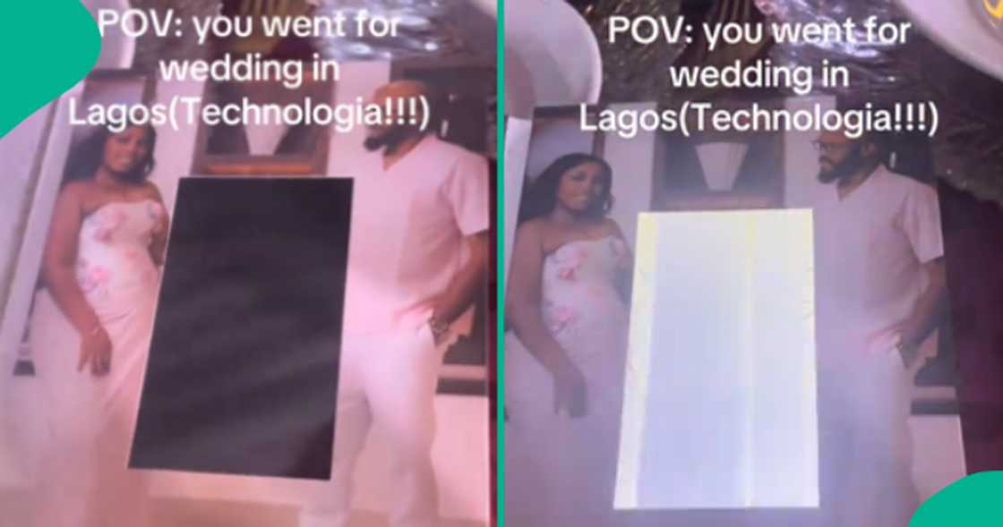 Lady in awe after finding a portable screen inside a wedding program.