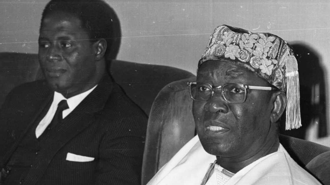 Nigerian politician and president, Dr Nnamdi Azikiwe, with his Naval Defence Minister Matthew M'Bu.