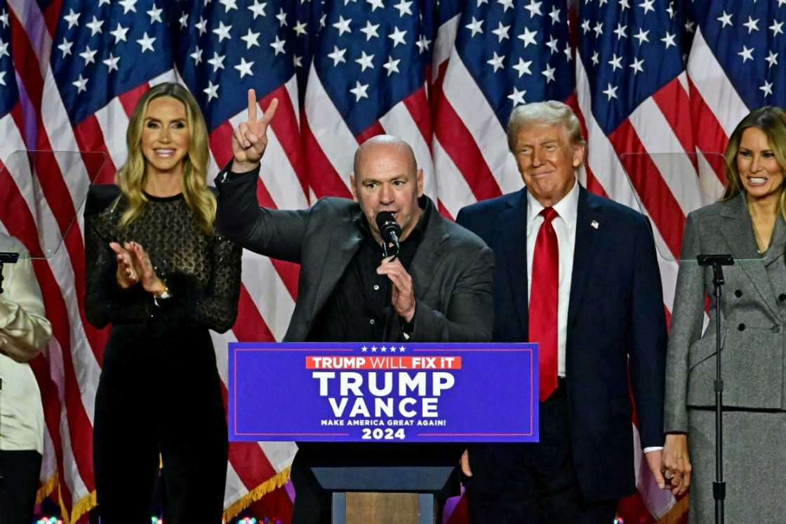 CEO of Ultimate Fighting Championship Dana White (C) is a close ally of US President-elect Donald Trump, even speaking at his election night victory rally