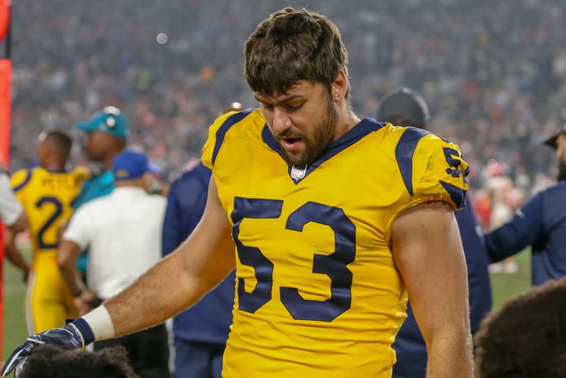 Los Angeles Rams defensive end Justin Lawler (53) on the sidelines at the Los Angeles Memorial Coliseum in Los Angeles, CA Los Angeles Rams defensive end Justin Lawler (53) on the sidelines at the Los Angeles Memorial Coliseum in Los Angeles, CA