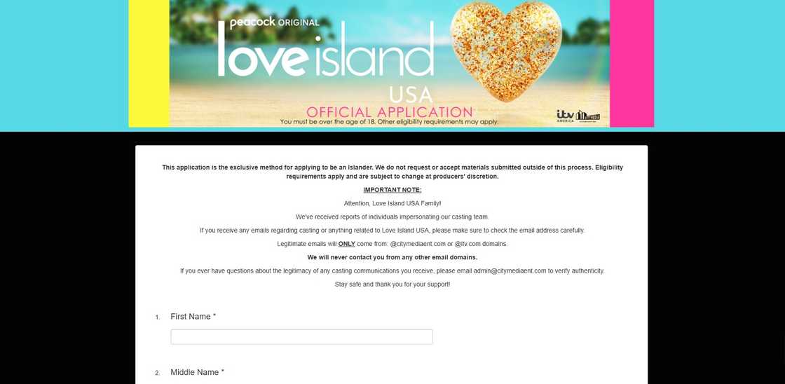 Screenshot of Love Island application page