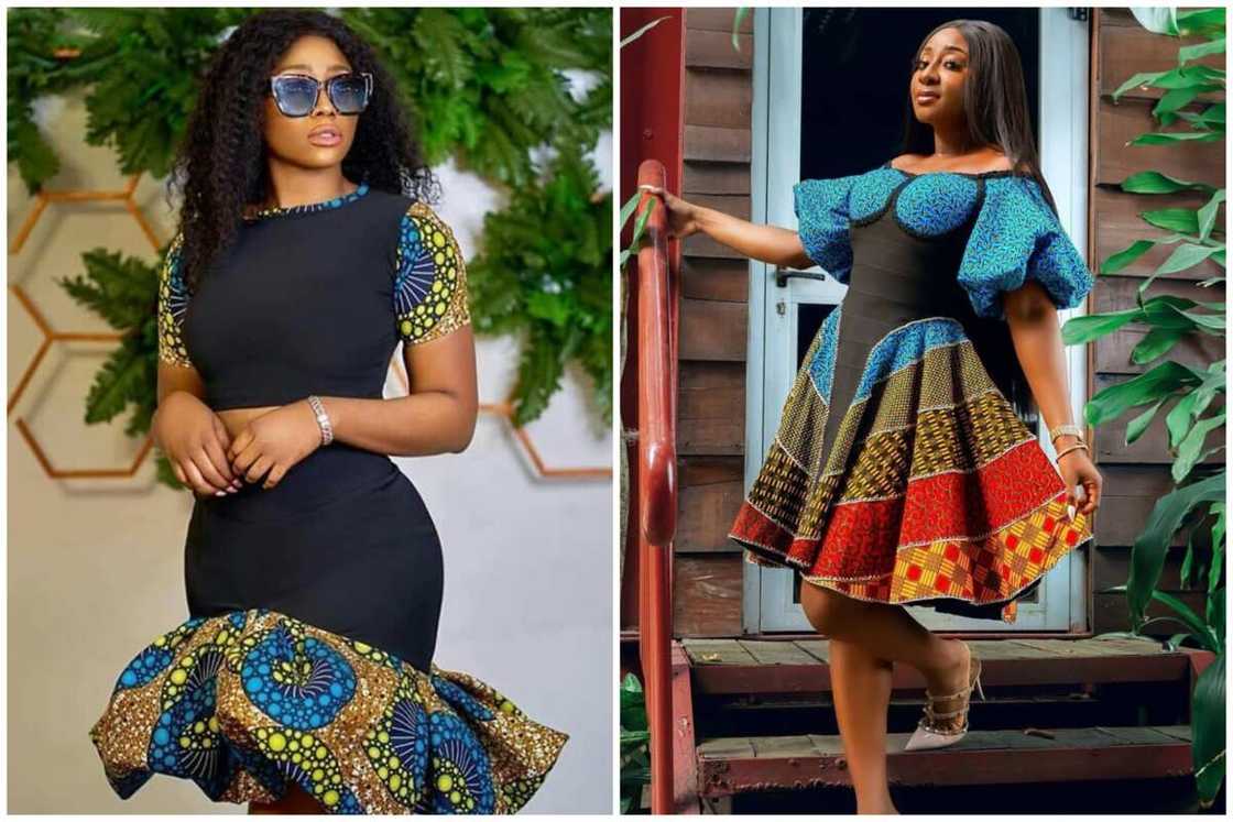 Two model displaying short material gown style Two model displaying short material gown style