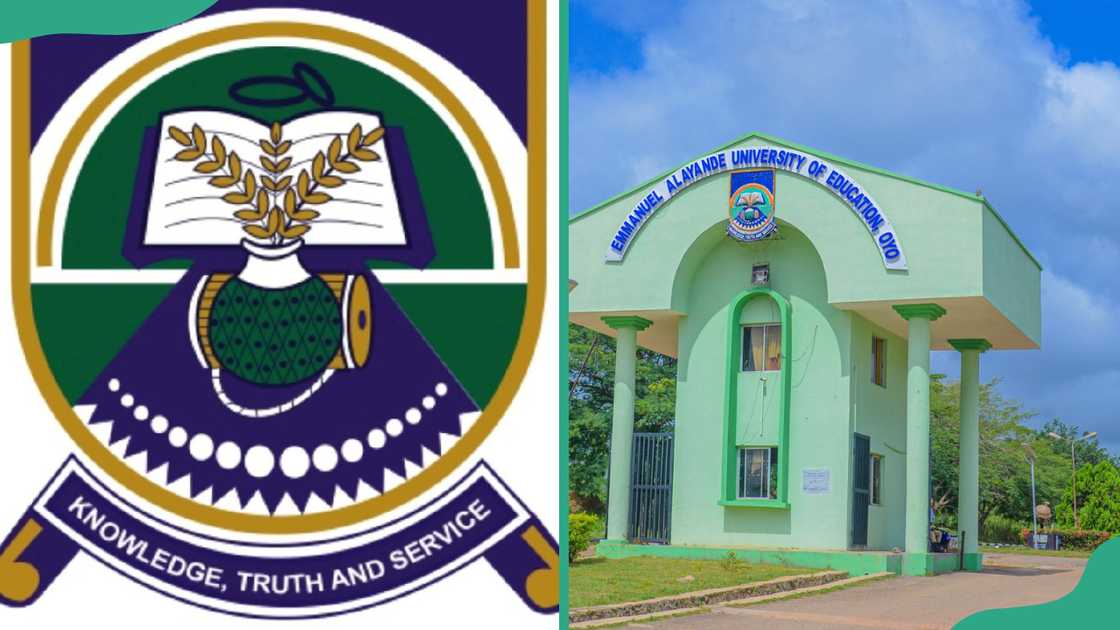 Emmanuel Alayande College of Education, Oyo logo and he school entrace gate.