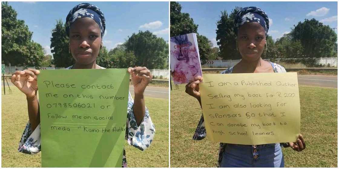 Female author takes to the street with cardboard to beg for sponsors for her book, shares her phone number